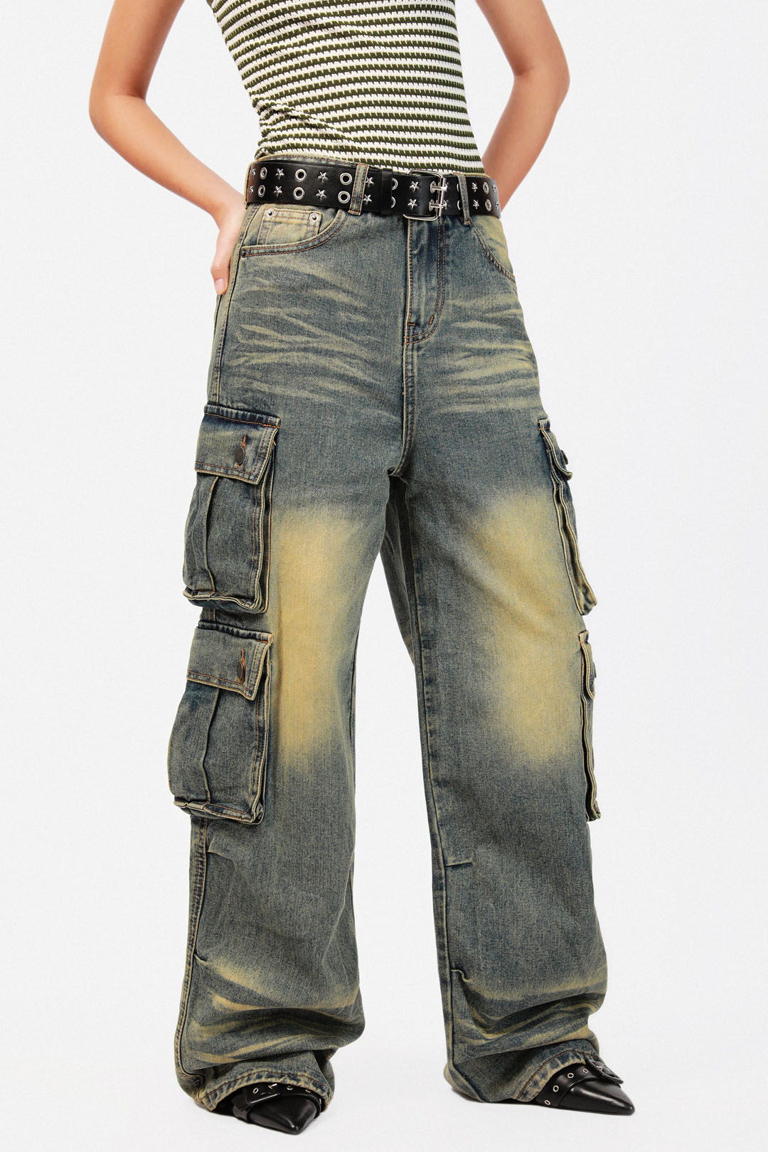 【KOOLOSET】Mecha Zipper Detail Cargo Denim PHANTOMHUNTER Distressed Strap Paneled Wide-Leg Denim Cargo
